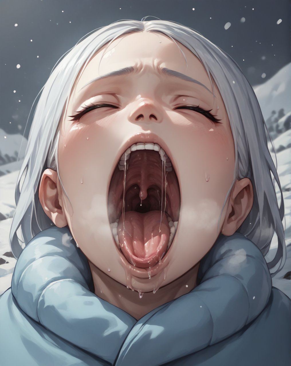 source_anime, (score_9,score_8_up,score_7_up,),solo, 1 girl, open mouth, uvula, saliva, throat, (big mouth:1.2), <lora:Big_mouths_PonyXL-000005:0.6>,long white hair, blue semi-closed eyes, winter, snow, cold, heavy breath, 