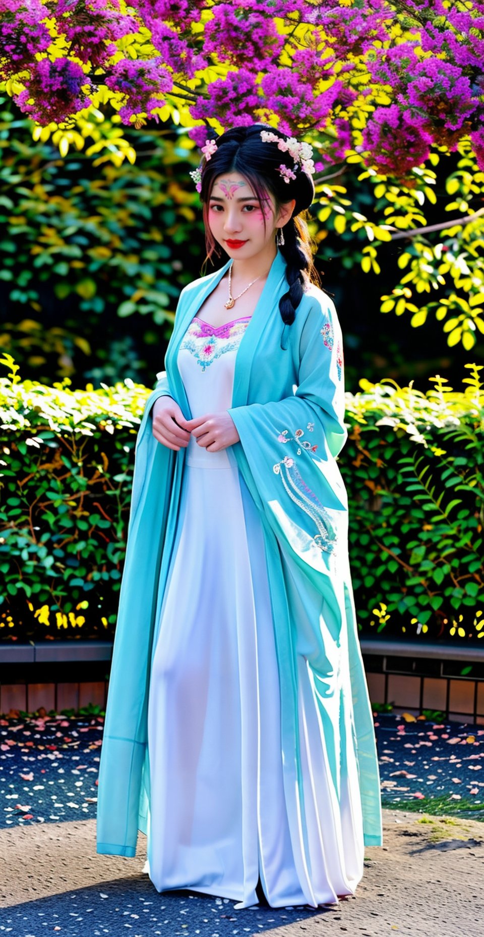 (full body:1.4),(from front:1.2),photo of (a 18 year-old cute Chinese woman:1.2) wearing Detailed embroidered (see-through) (Hanfu:1.2) from r/nakedhanfu,(best aesthetic:1.2) and (best quality:1.2) and (photorealistic:1.4) and (Realistic:1.4) and Detailed Skin Textures and detailed skin pores and high skin detail,poes,see-through long sleeves and see-through wide sleeves,(standing and legs spread),<lora:naked hanfuV1:0.7>, <lora:LCM_LoRA_Weights_SD15加速器:0.7>,hair bun and single braid,(Detailed facial features),Look at the audience and Seducing the audience and smiling,makeup,red lips,(looking at viewer and facing viewer) (wearing Detailed hair ornament and Detailed beads,Detailed hair flower,wearing Detailed jewelry,earrings,necklace,(facial mark:1.2),(forehead mark:1.2),wearing chinese shoes,<lyco:film grainV3:0.4>  <lora:detail_slider_v4-增加細節:1>,<lora:增加真實感epiCRealLife:1> Park background, forest, natural light, sunlight