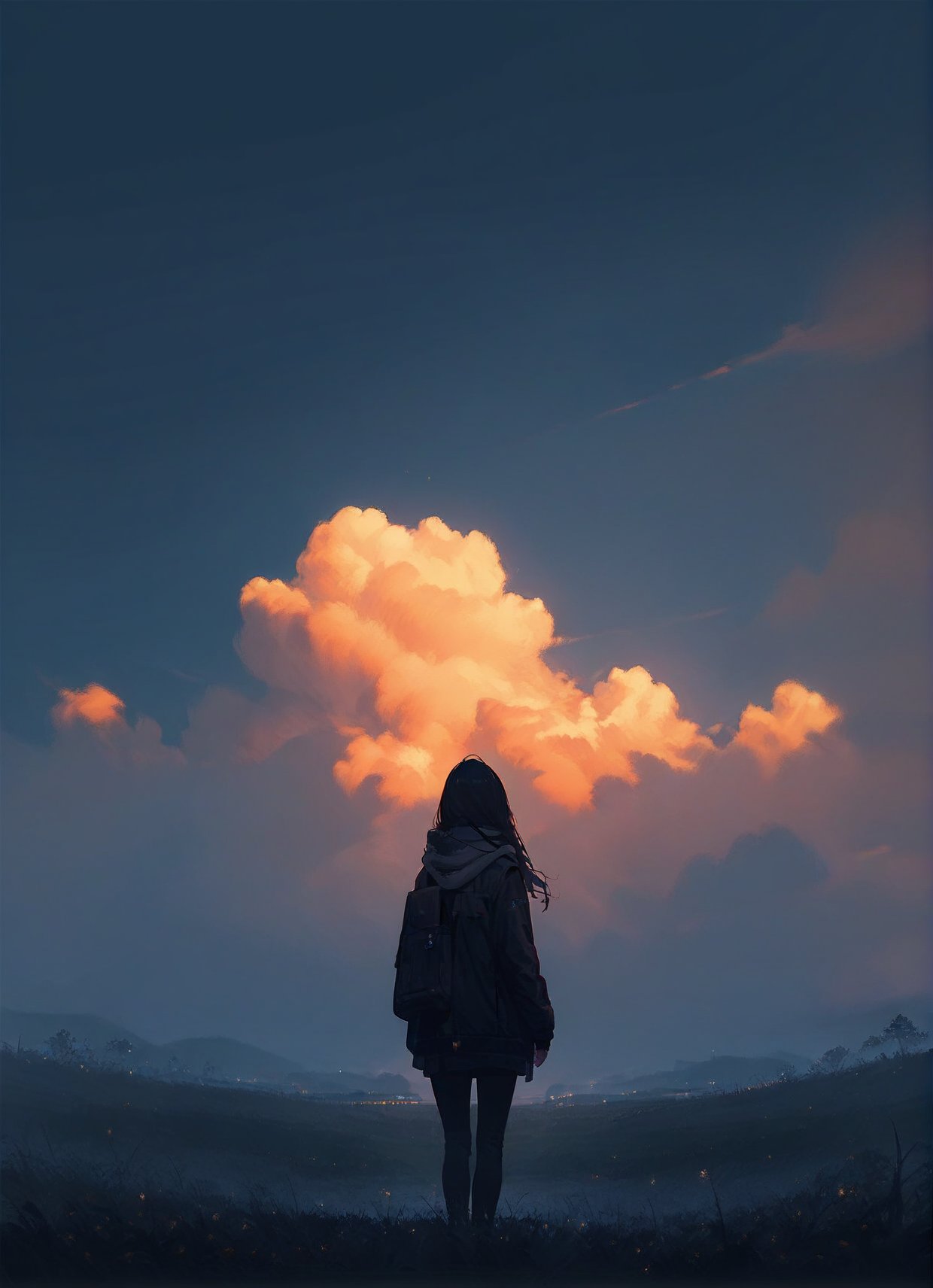 score_9,score_8_up,score_7_up,1girl, solo, sky, cloud, outdoors, scenery, black hair, grass, from behind, long hair, standing, cloudy sky, dark, hood, sunset, bag, jacket, night, scarf, long sleeves, facing away