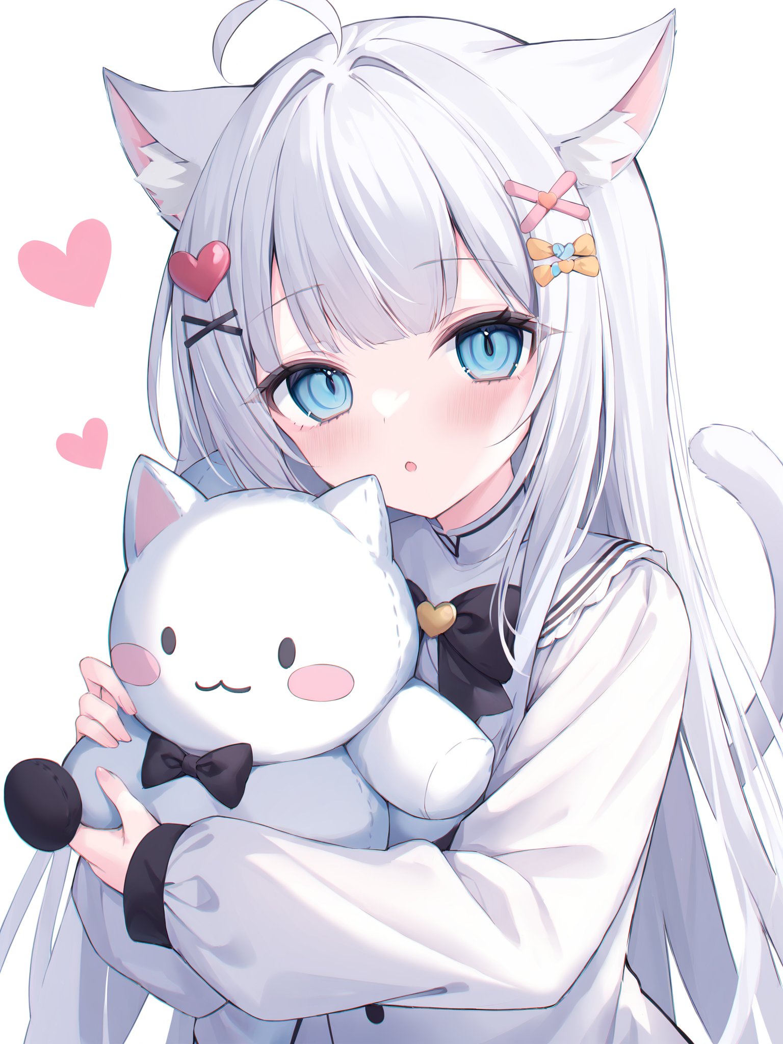 (masterpiece),(bestquality),1girl,long hair,looking at viewer,blush,bangs,blue eyes,simple background,hair ornament,long sleeves,white background,bow,animal ears,tail,upper body,ahoge,white hair,hair bow,heart,parted lips,cat ears,:o,cat tail,black bow,stuffed toy,stuffed animal,x hair ornament,cat girl,heart hair ornament,<lora:heyiling-v3-000010:0.8>,ringed eyes,