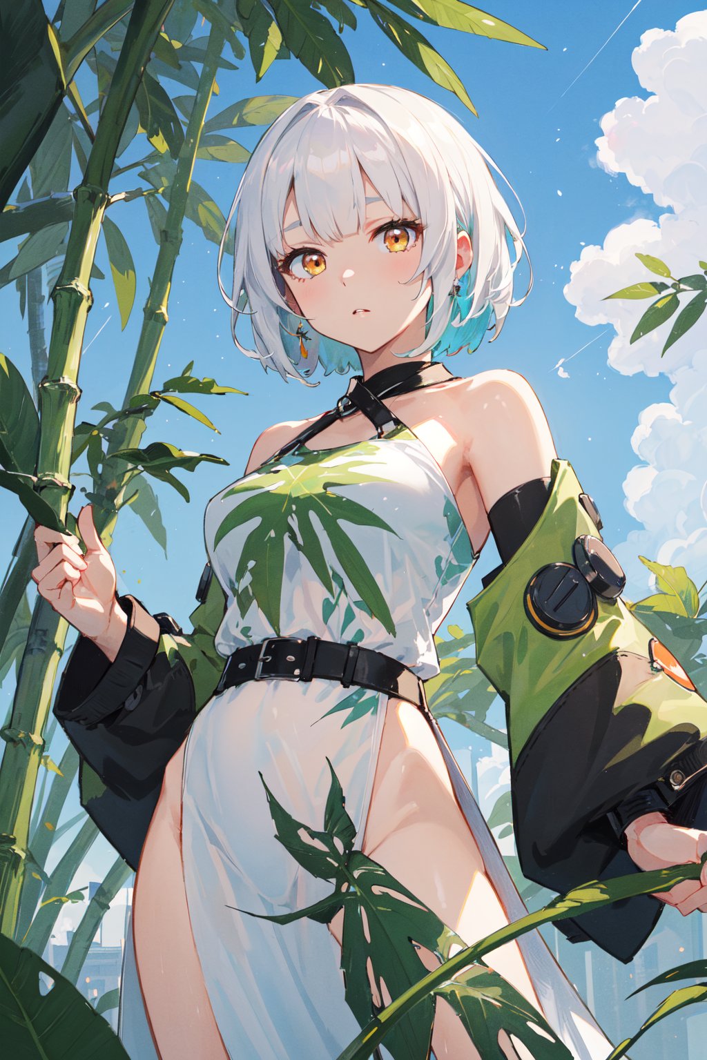 <lora:Anby-000020:0.6>,Anby CYQL,1girl,looking at viewer,solo,short hair,white hair,yellow eyes,(Halter-neck maxi dress in a tropical print:1.3),(yandere:1.2),(bust:1.3),With the drizzle subsiding, bamboo leaves are adorned with glistening droplets, and the air is so fresh it feels tangible. Sunlight pierces through sparse clouds, casting dappled shadows on the verdant bamboo stalks,beautiful detailed sky,beautiful detailed glow,posing in front of a colorful and dynamic background,masterpiece,best quality,beautiful and aesthetic,contrapposto,female focus,wallpaper,