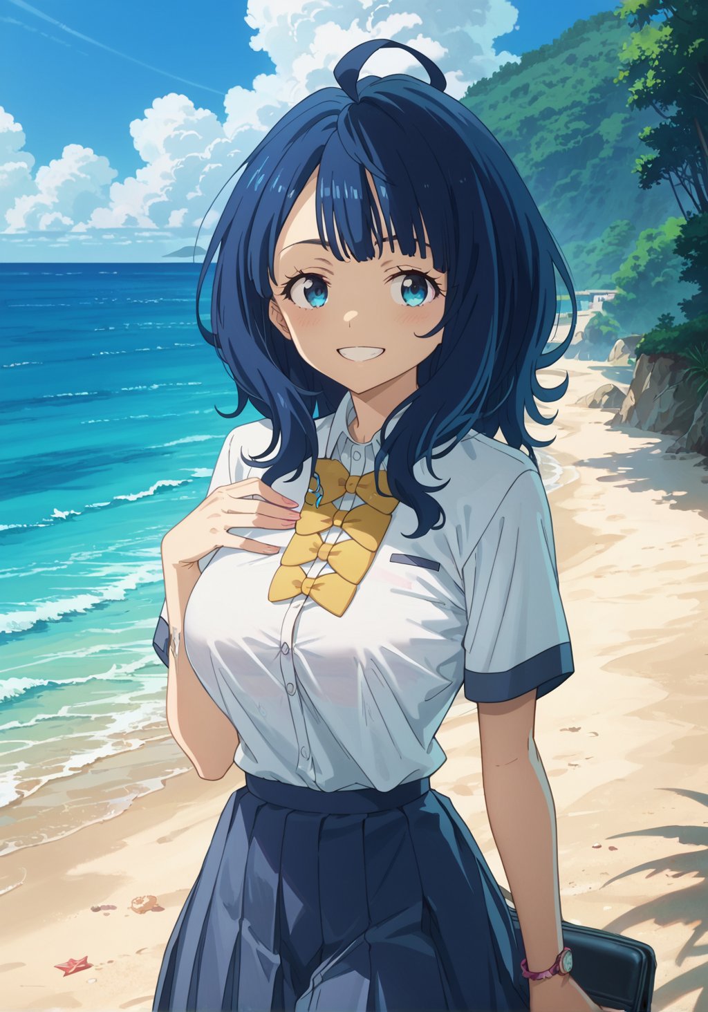 score_9, score_8_up, score_7_up,source_anime, zPDXLxxx, zPDXL,solo, standing, outdoors, school uniform, happy, smile, looking at viewer, large breasts, beach, ocean, <lora:YanamiAnna:1>, yanamianna, medium hair, ahoge, anime screencap, anime coloring