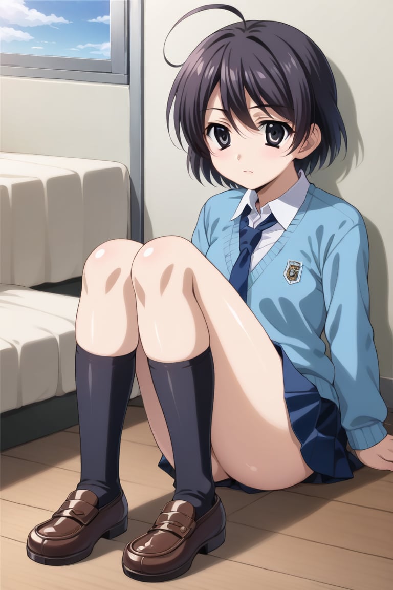 Highly detailed, High Quality, masterpiece, beautiful, 1girl, solo, (feminine focus, young woman, 16 years old), niki ookuma, short hair, black hair, ahoge, (black eyes:1.5), (detailed eyes, perfect eyes, pupils), mini skirt, school uniform, necktie, shoes, socks, (white_blouse, tie inside sweatshirt, skyblue sweater:1.5), plaid skirt, black socks, sneakers, curtains, bed, Open window, sunrise, sitting in bed, looking_at_viewer, open_mouth, (focus face:1.5), blush, sweat, saliva, drooling, heart in eyes, (blowjob, penis, 1boy:1.8), side_view<lora:EMS-409892-EMS:0.800000>