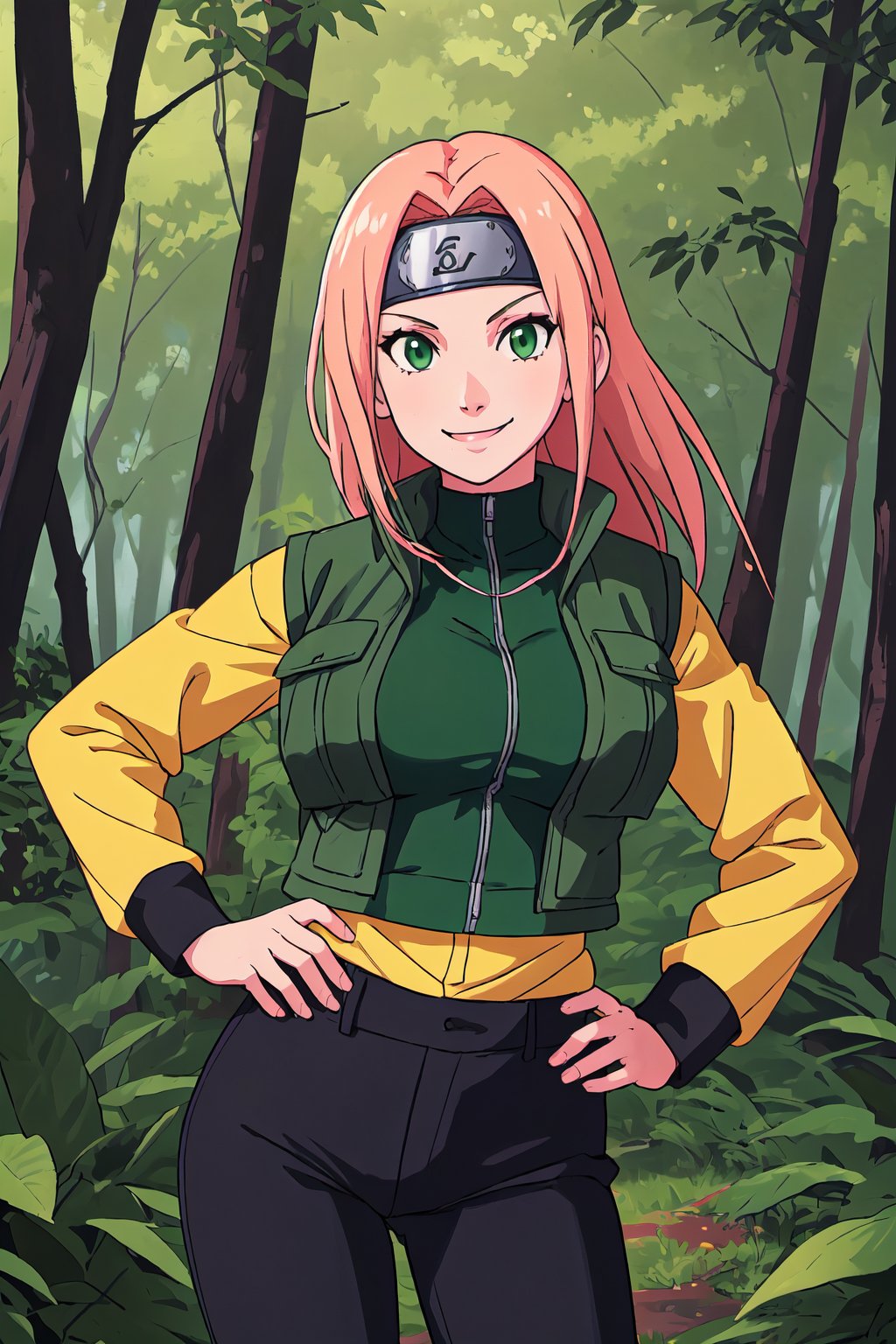 <lora:KishimotoStyle_1-step00002900:0.7> , solo, 1girl, forehead protector, cowboy shot, forest background, looking at viewer, pants, vest, black pants, long sleeves, smile, green vest, headband, black headband, konohagakure symbol, hands on hips, shirt, flak jacket, black shirt, large breasts