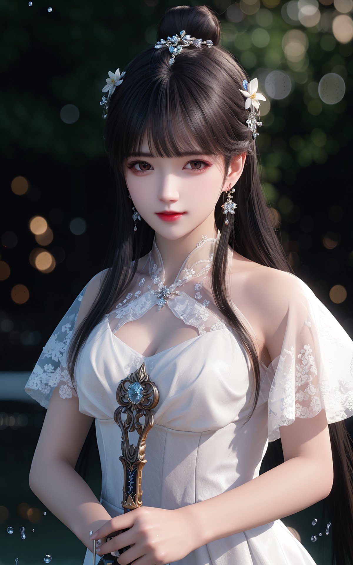 best quality,masterpiece,highres,cg,1girl,weapon,sword,long hair,dress,water,solo,jewelry,white dress,earrings,hair ornament,splashing,upper body,hair bun,black hair,lighting,candid,Photograph,high resolution,4k,8k,Bokeh,