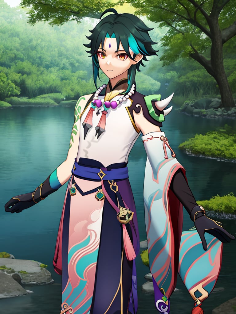 xiao (genshin impact),beads,gloves,bead necklace,1boy,necklace,jewelry,male focusforehead mark,tassel,asymmetrical clothes,solo,black gloves,ahoge,detached sleeves,arm guards,shoulder spikes,bangs,parted bangs,single detached sleeve,two-tone hair,green gloves,right arm tattoo,his left shoulder was covered with a spiked shoulder armor,black and green gradient hair,waist pendant,he wore a mask around his waist,standing on water,tree