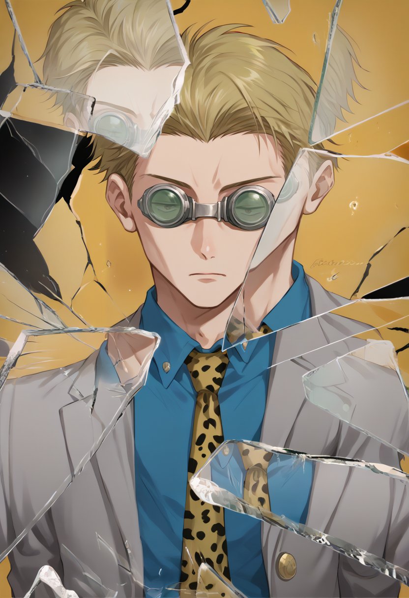 score_9, score_8_up, source_anime, 1boy, solo, NanamiBase, blonde hair, short hair, goggles, grey jacket, yellow necktie, leopard print, blue shirt, collared shirt, grey pants, IncrsXLBrknGls, broken glass, reflection, upper body,  <lora:ChamKentoNanamiPonyXL:1> <lora:BreakingGlassXLPDCAME:1>