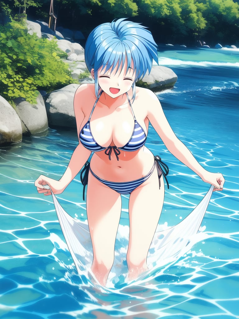 <lora:Nijino_Saki:0.8> NijinoSaki, 1girl, solo, swimsuit, bikini, splashing, water, closed eyes, striped bikini, day, striped, photo (object), wading,on, large_filesize, full color, 