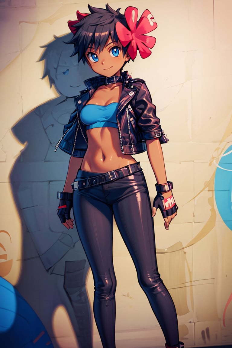 <lora:Bold_CAT:0.4>,  <lora:more_details:0.5>,  ((masterpiece, best quality)), <lora:Phoebe_Pokemon:0.8>, Phoebe_Pokemon,  blue eyes, hair flower, dark skin,  solo, smile,  leather jacket, leather pants, strapless bra, black jacket, tight pants, black choker, zipper, fingerless gloves, biker clothes, spikes, unzipped, multiple belts, shiny clothes, high collar, (graffiti:1.2), brick wall,