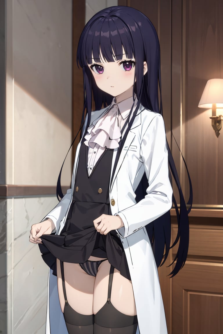 masterpiece, best quality, ultra-detailed, glistening shiny, glowing light, ray tracing, HDR, deph of field, (perfect face, detailed face), 1girl, solo, <lora:ShirakiinRirichiyo:0.7>, ririchiyo, black hair, long hair, flat chest, blush, school uniform, black dress, white shirt, ascot, white coat, garter straps, vertical-striped thighhighs, black thighhighs, skirt lift, panties, standing