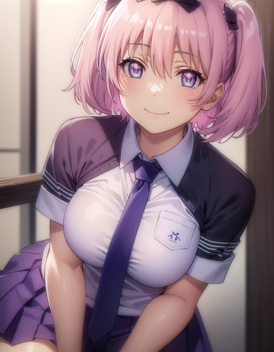 skhibari, <lora:sk hibari s1-lora-nochekaiser:1>,hibari, short hair, bow, twintails, pink hair, hair bow, symbol-shaped pupils, short twintails, blue eyes,BREAK skirt, bow, school uniform, necktie, purple skirt,BREAK outdoors, classroom,BREAK looking at viewer, (cowboy shot:1.5), smile,BREAK <lyco:GoodHands-beta2:1>, (masterpiece:1.2), best quality, high resolution, unity 8k wallpaper, (illustration:0.8), (beautiful detailed eyes:1.6), extremely detailed face, perfect lighting, extremely detailed CG, (perfect hands, perfect anatomy),