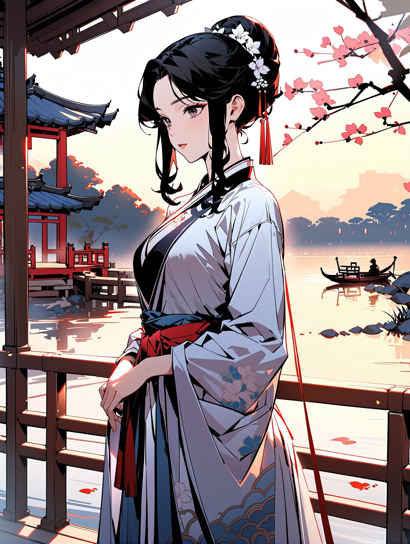 masterpiece,best quality,chinese style,1girl,hanfu attire, by the lakeside, at dusk, with a pavilion<lora:Multiple styles_XL 1.0:0.8>,