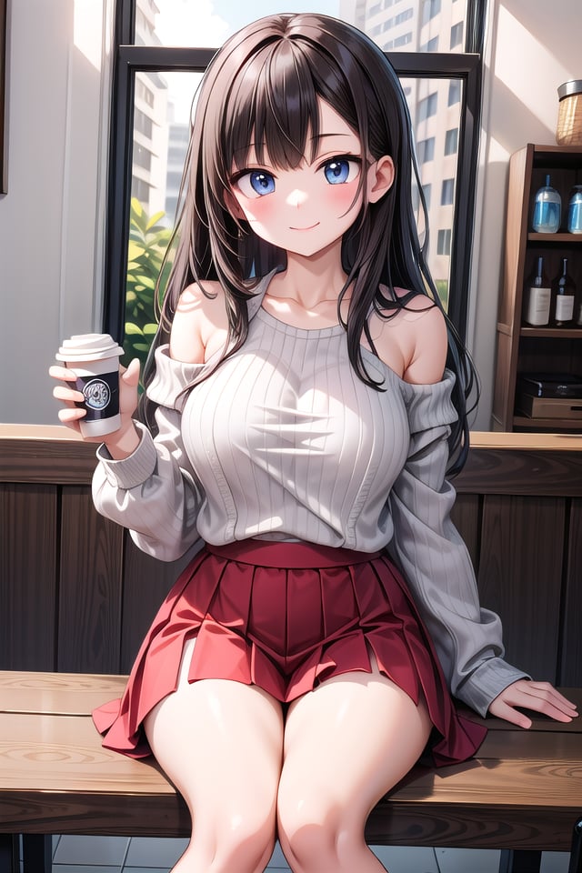 insanely detailed, absurdres, ultra-highres, ultra-detailed, best quality,1girl, solo, nice hands, perfect hands,BREAKwearing sweater, off shoulder sweater, one piece sweater, sweater with long sleeves, bare shoulder, collarbone, red skirtBREAKhappy smile, laugh, closed mouth,sitting, holding coffee cup,from below, cowboy shot, looking at viewerBREAKslender, kawaii, perfect symmetrical face, ultra cute girl, ultra cute face, ultra detailed eyes, ultra detailed hair, ultra cute, ultra beautiful,BREAKindoors, in coffee shopBREAKlarge breasts, black hair, long hair, black eyes