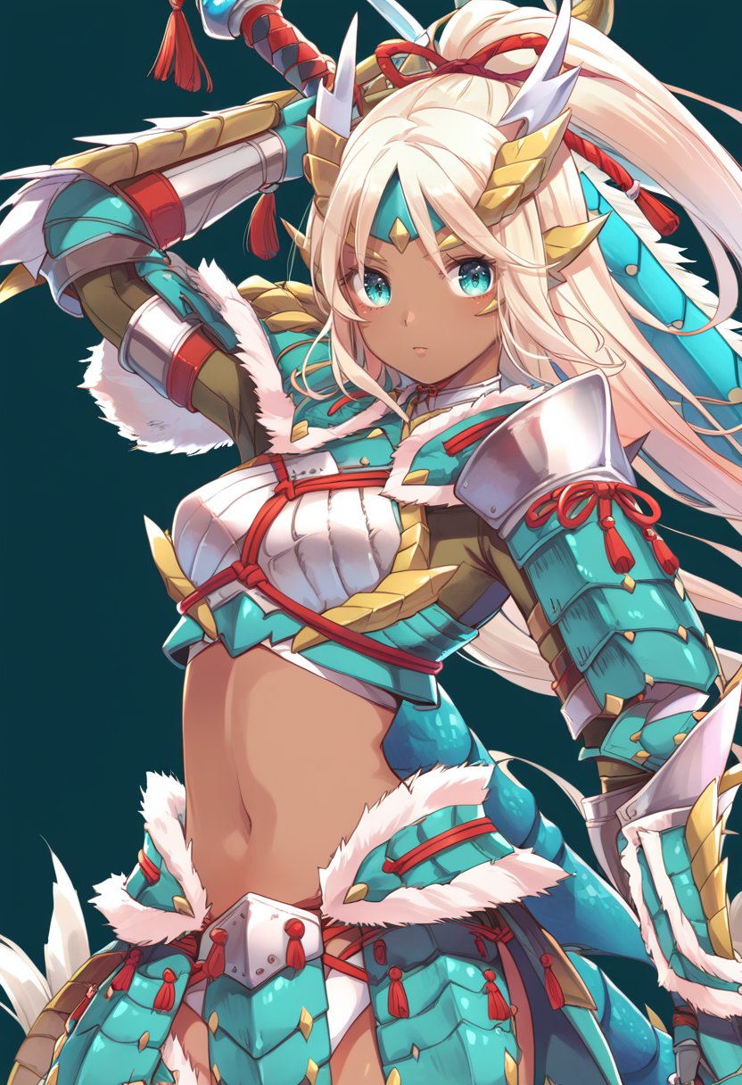 (score_9:0.9),score_8_up,score_7_up,rating_safe,anime style,(zPDXL),<lora:Zinogre armor ponyXL v2:0.83>,Zinogre armor,cyan gauntlets,1girl,dragon,long hair,weapon,sword,aqua eyes,solo,dark-skinned female,cyan dragon,armor cat,weapon on back,very long hair,