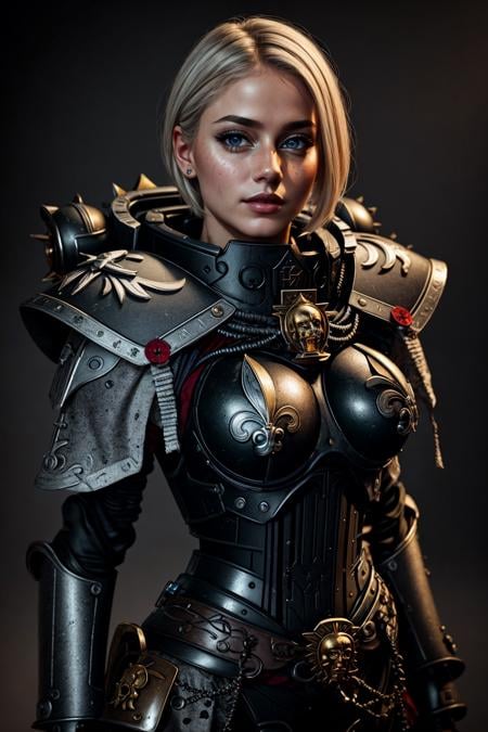 ((Masterpiece, best quality,edgQuality)),solo,1girl,edgAdepta, looking at viewer, short hair, blonde hair, upper body, lips, realistic ,wearing edgAdepta,power armor,shoulder armor,skull emblem <lora:edgWar40KAdeptaSororitas:1>