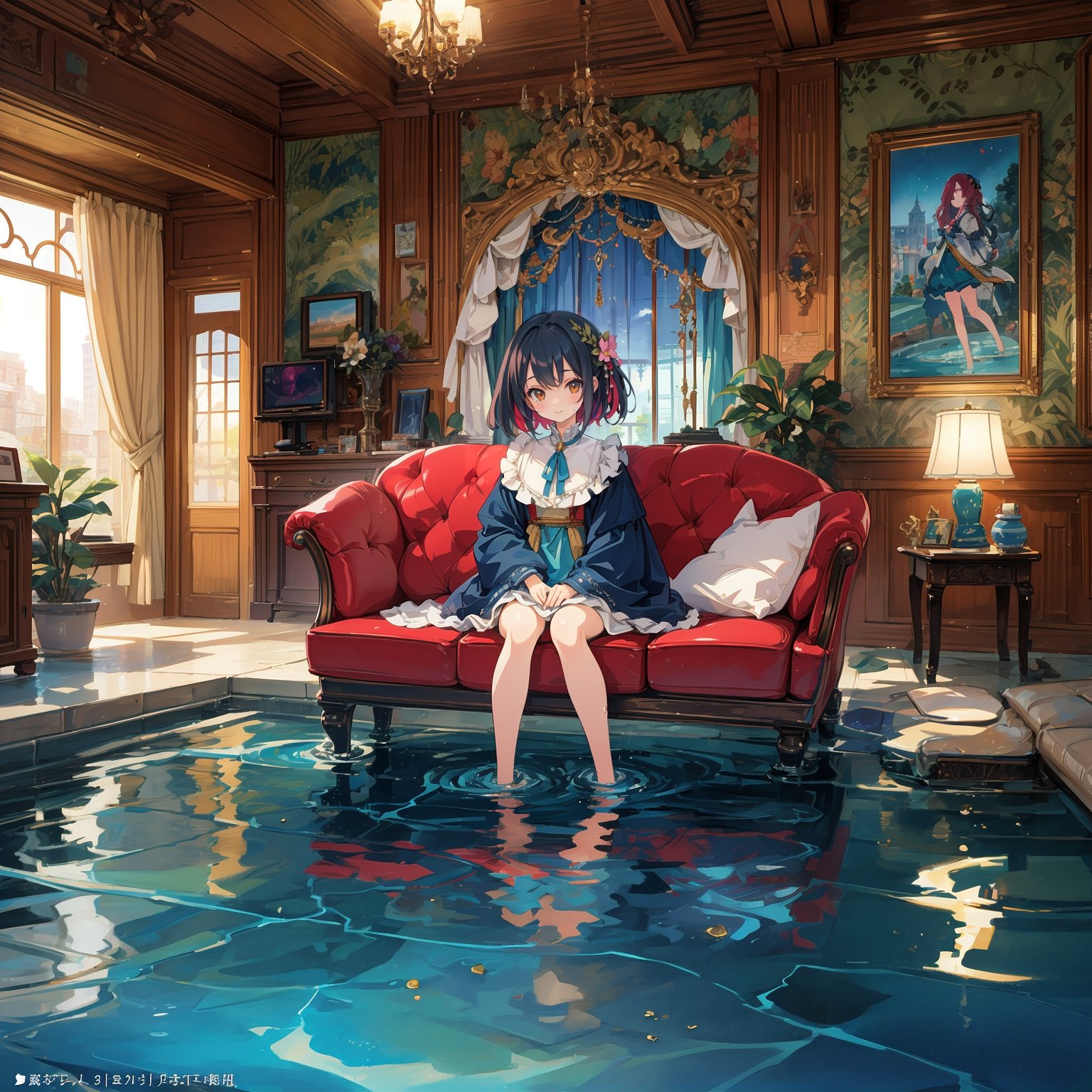 top quality, official art, (beautiful and aesthetic:1.2), extreme detailed,colorful,highest detailed, offical art, an extremely delicate and beautiful, intricate,colorful,detailed and intricate background,perfect mechanism,perfect perspective,8k, high_resolution,distinct_image,extremely detailed CG,, livingroom,pool,tv,sofa,wet,girls,,looking at viewer,smile,wading pool,