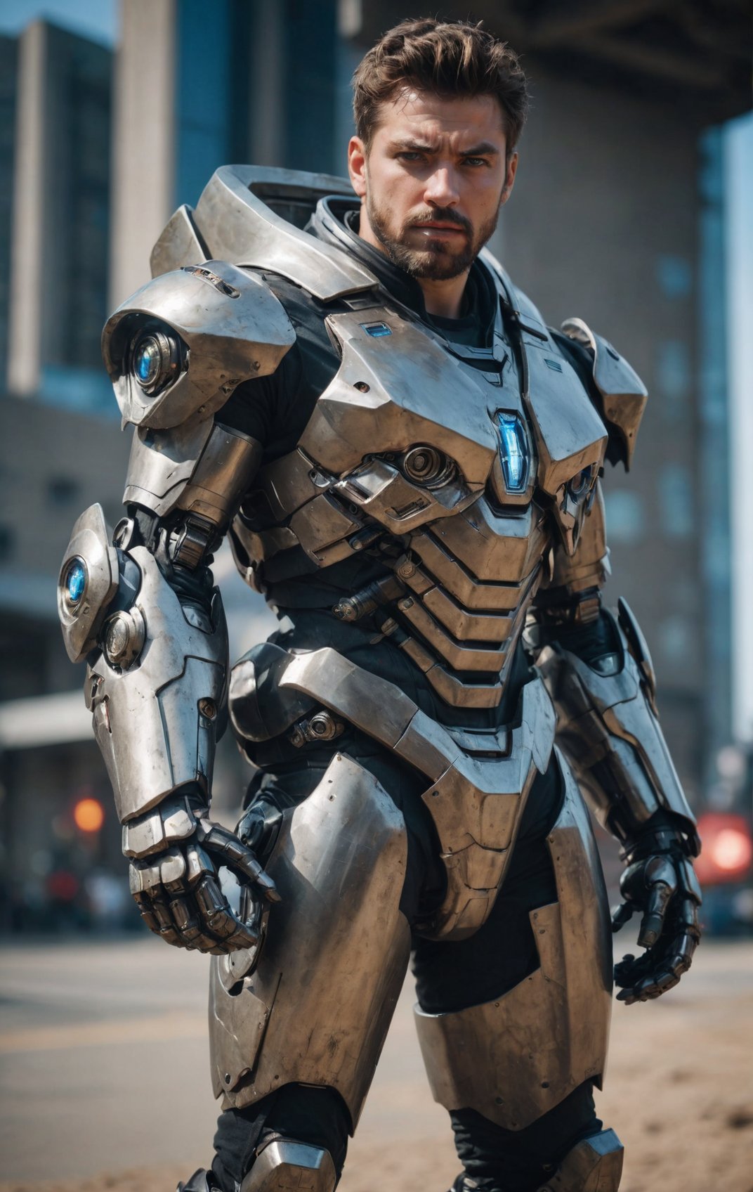 (masterpiece, best quality, ultra-detailed, best shadow), cinematic film still, realistic, man wearing a high tech scifi armor, mecha armor, male focus, armor, solo, facial hair, cape, beard, looking at viewer, blue eyes, blurry background, power armor, realistic, knee protection, standing, brown hair, science fiction  <lora:aesthetic_anime_v1s:1.2>