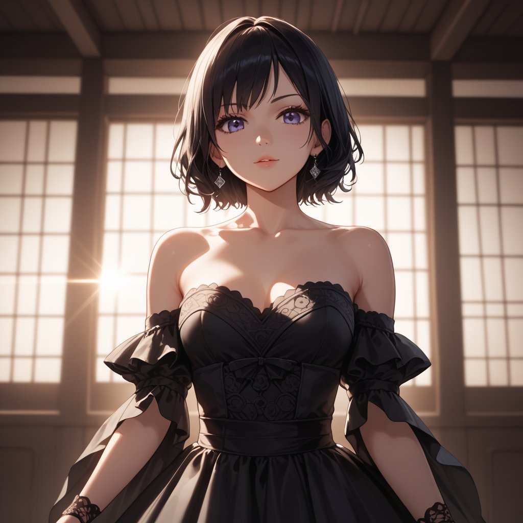 score_9, score_8_up, score_7_up, 1girl, supermodel, Japanese beauties, idol, innocence, mysterious, detailed beautiful face, Gothic detailed dress, elegance, graceful, stylish, strapless, off shoulder, bare shoulders, collarbone, looking at viewer, elegant pose, dynamic angle, perfect composition, perspective, break LUT, cinematic, highly detailed, extremely detailed, intricate details, fine texture, crisp detail, crisp edges, high contrast, subtle shadows, complex shading, sharp focus, depth of field, Volumetric lighting, professional lighting, film lighting, concept art, film grain, bokeh,