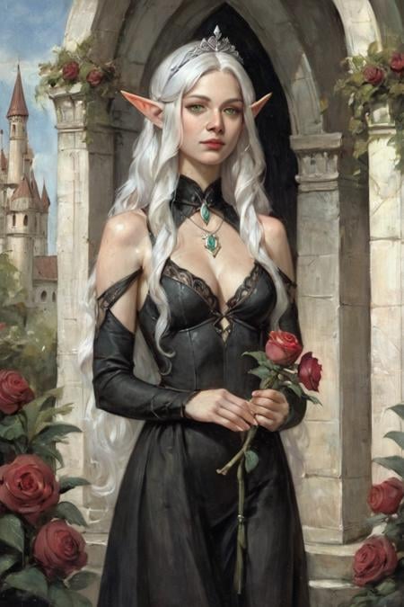 score_9, score_8_up, score_7_up, rating_safe, oil painting, traditional media, realistic, 1girl, solo, elf, pointy ears, breasts, long hair, very long hair, white hair, green eyes, portrait, looking at viewer, black dress, tiara, silver tiara, holding, holding flower, rose, red rose, necklace, jewelry, cowboy shot, standing, outdoors, castle <lora:Cold Oil Gothic Style SDXL_LoRA_Pony Diffusion V6 XL:1>