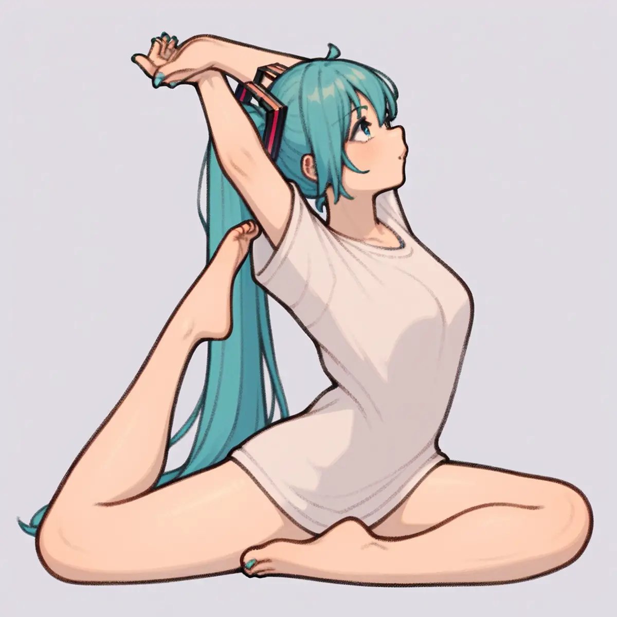 <lora:XL_yujia(pony)-000004:1>,yujia pose,1girl,solo,stretch,arms up,sitting,full body,profile,split,from side,feet,hatsune miku,, score_9,_up score_8_up,