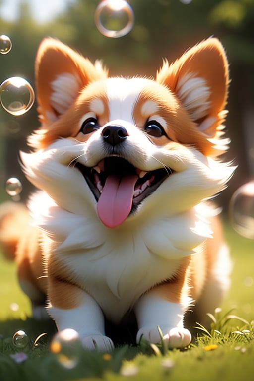 dog,no humans,animal focus,grass,open mouth,bubble,blurry,outdoors,animal,fangs,tongue,day,C4D,3D,corgi,<lora:动物模型丨柯基 MG_CORGI_V1.1:0.45>,