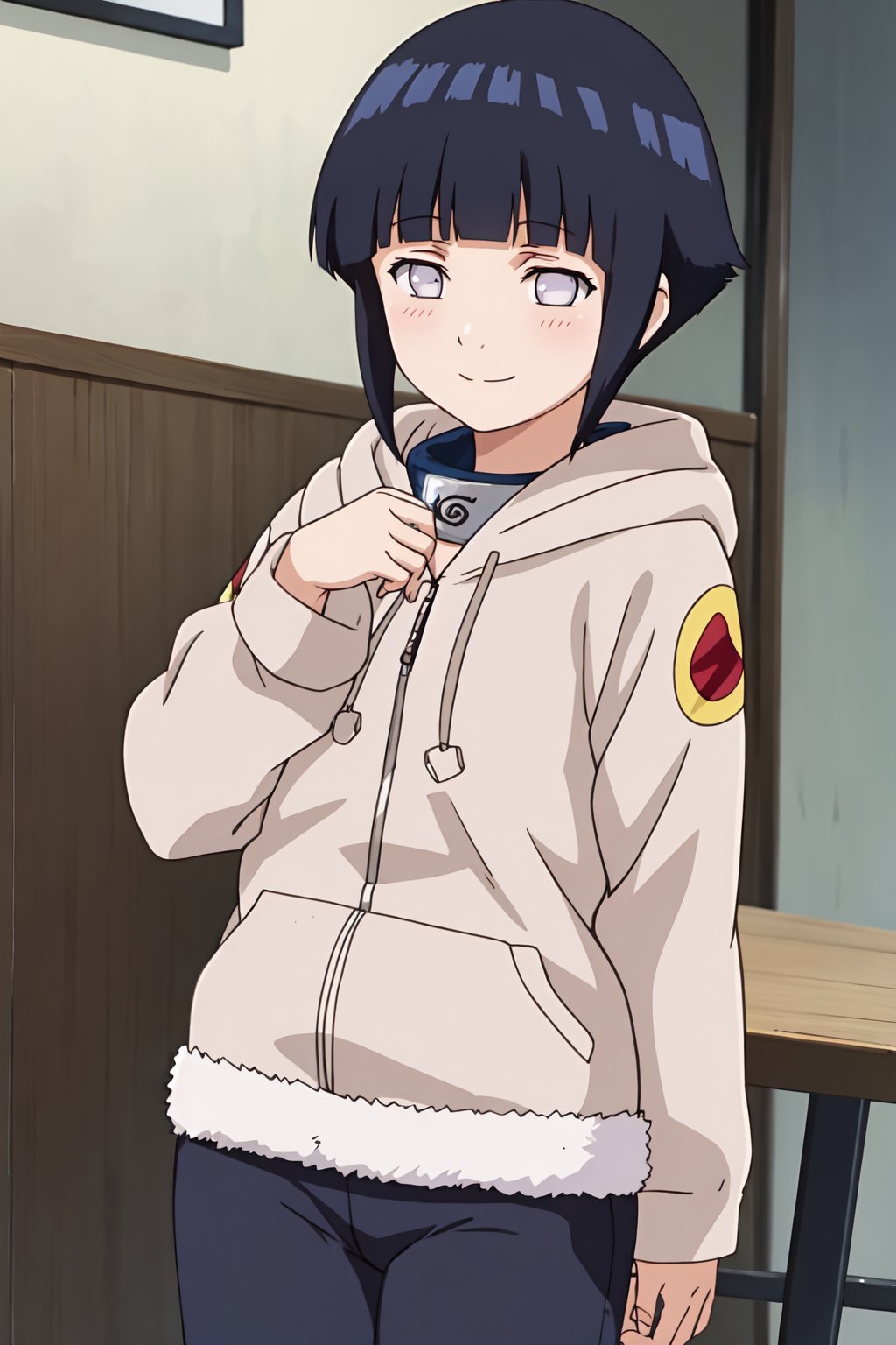 hinata, 4k, absurd, high resolution, very high resolution, high definition, masterpiece, anime_source, short hair, black hair, no pupils, blunt bangs, shiny hair, white eyes, hoodie, hood down, long sleeves, capri pants,hands behind the back, blush, smile, upper body<lora:EMS-383008-EMS:0.800000>