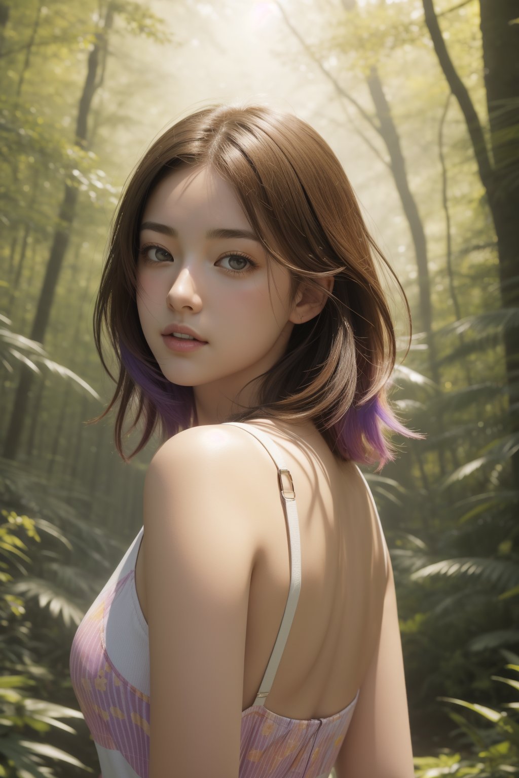 1girl, colorful 3D Rendering, Rule of Thirds, overhead angle of a Good [Calming|Complex] ("The Crossing":1.3) , plain Beige and DayGlo purple background, lush woods and flora, Hazy conditions, FOV 90 degrees, Movie still, Light, New Wave Art, back-light, Depth of field 270mm, triadic colors, stylized, cosmic energy, wallpaper, trending on CGSociety, ugly