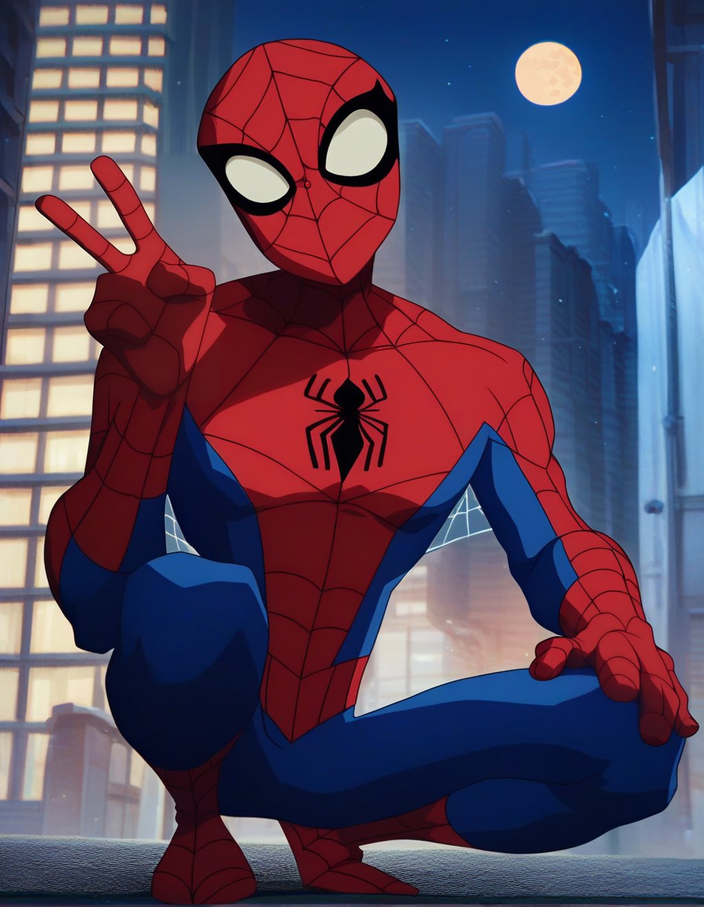 <lora:Peter_Parker:1> score_9, score_8_up, score_7_up, spiderman, solo, 1boy, male focus, outdoors, bodysuit, mask, night, squatting, building, superhero, red bodysuit, spider web print, v, looking at viewer, hand up, close up, moon, dramatic ilumination, hand resting on thighs, 