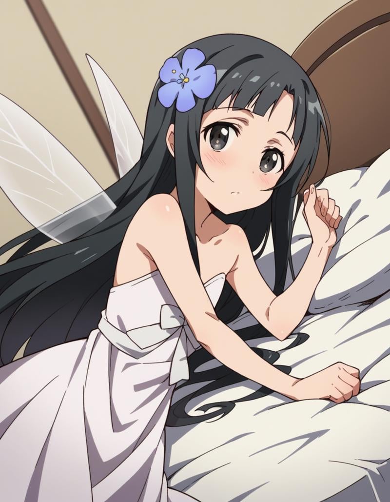 score_9, score_8_up, score_7_up, source_anime,saoyui, <lora:sao-yui-s1-alo-ponyxl-lora-nochekaiser:0.8>,yui, long hair, bangs, black hair, hair ornament, very long hair, flower, hair flower, black eyes,dress, bare shoulders, collarbone, wings, fairy wings, fairy,indoors, bed, bed room, on side, blush, drunk,cowboy shot, looking at viewer, solo, dutch angle,