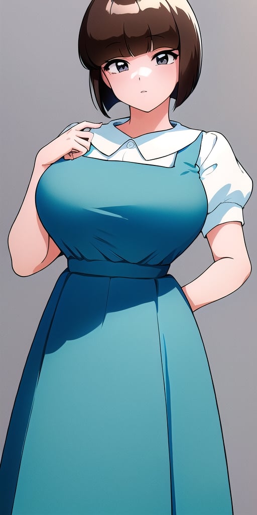 <lora:TendouNabikiV3:0.85> tendounabiki, huge_breasts, standing, solo, School_uniform_Blue_pinafore_dress_Puffy_sleeves_white_collared_shirt_Blue_back_bow, masterpiece, best quality, detailed face, detailed eyes, highres,