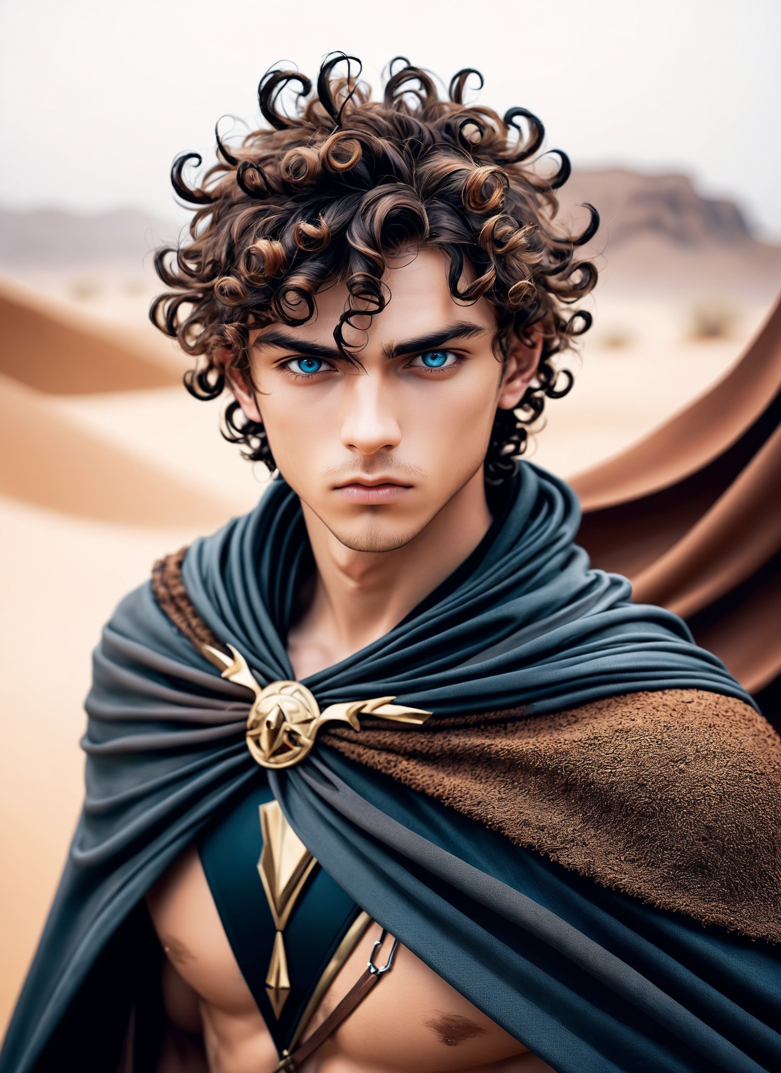 Close-up portrait photography, (Enthralling male youth with intense gaze:1.3), Earthy-toned mesmerizing eyes, (Dark curly tufts:1.3), Stylish assassin costume, Flowing cape, Desert backdrop, Foggy ethereal veil, Dreamy setting, Film grain texture