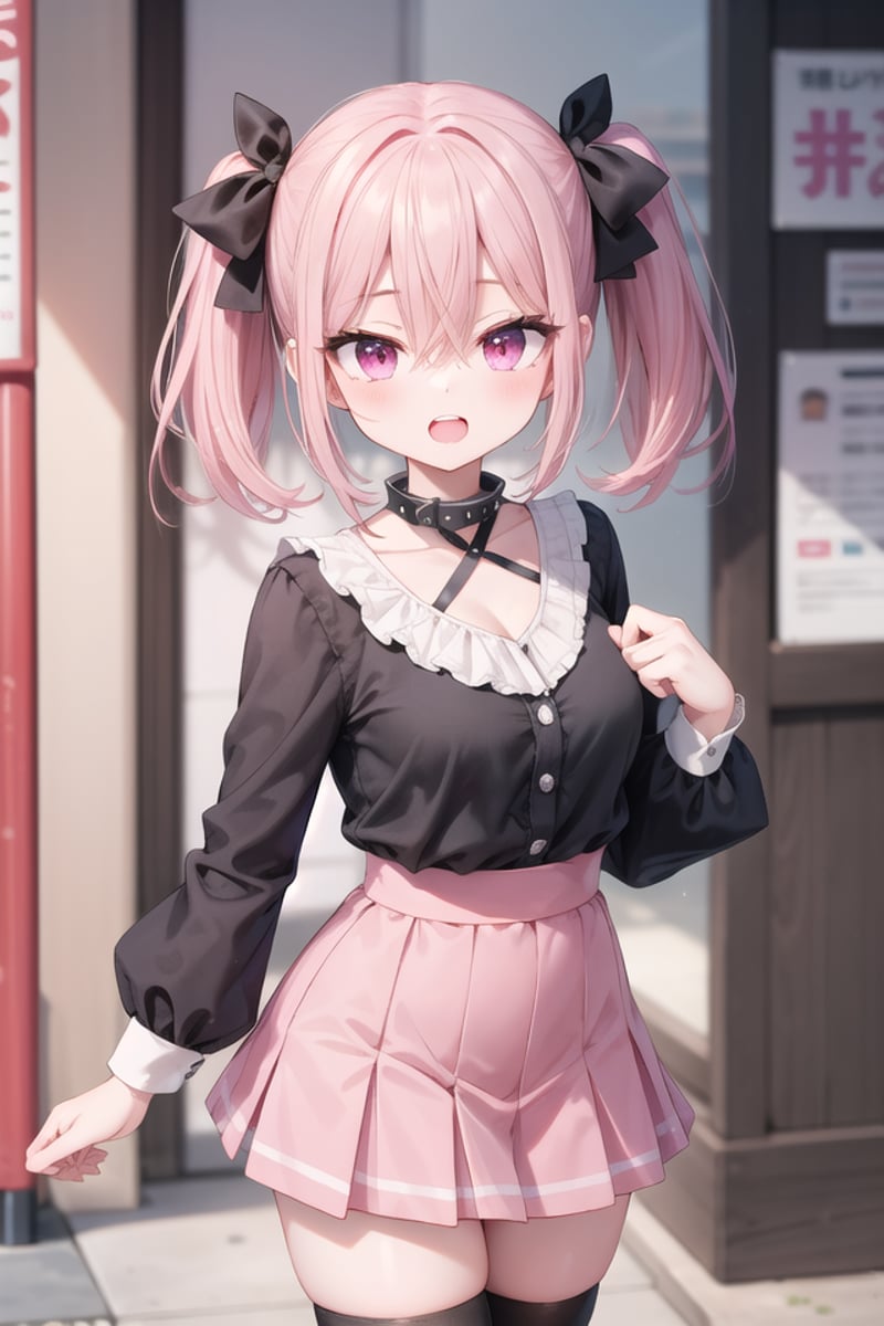 <lora:talkmouth_O_type1_v200:1>insanely detailed, absurdres, ultra-highres, ultra-detailed, best quality,1girl, solo, nice hands, perfect handsBREAKjirai kei,thighhighs, skirt, twintails, pink skirt, collar, bow, black thighhighs, black bow, long hair, pink bow, hair bow, spiked collarBREAK(nsfw:-1.5)BREAKsmile, open mouthBREAK,standing, cowboy shot, looking at viewerBREAKslender, kawaii, perfect symmetrical face, ultra cute girl, ultra cute face, ultra detailed eyes, ultra detailed hair, ultra cute, ultra beautifulBREAKin japanese street, cityscape in japan, depth of field, ultra detailed backgroundBREAKmedium breastsBREAKpink hair, pink eyes, short hair, hair between eyes