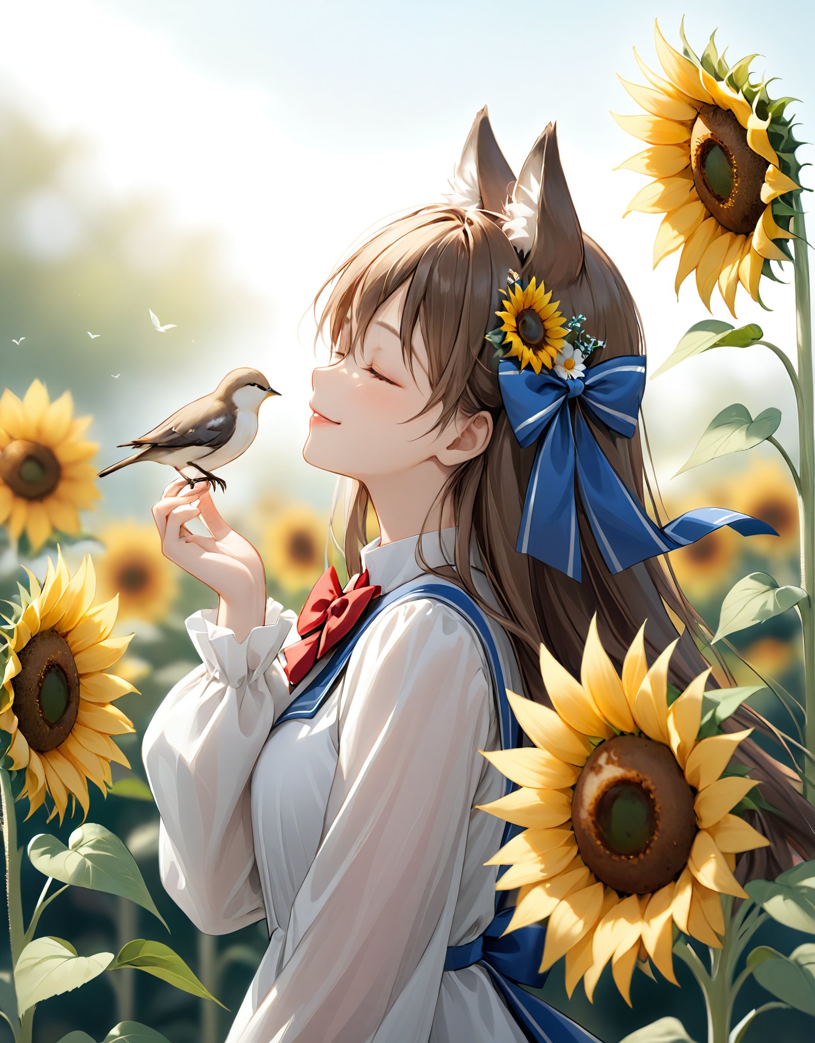 highres,best quality, 1girl, animal, animal ears, bird, blue bow, blurry, blurry background, bow, bowtie, brown hair, closed eyes, day, depth of field, dress, flower, from side, hair between eyes, hair bow, hair ornament, hand up, holding, leaf, lips, long hair, long sleeves, parted lips, red bow, red bowtie, red flower, simple background, sleeves past wrists, smile, solo, sunflower, upper body