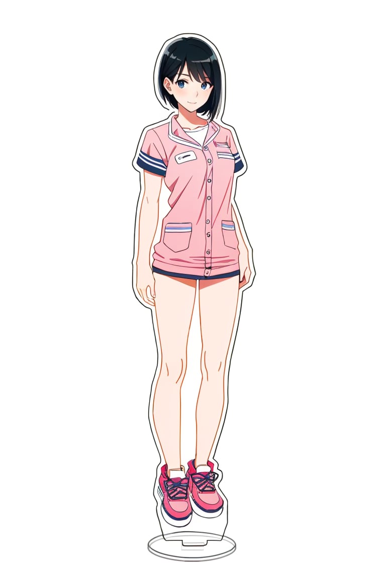 ((HRD, HUD, 8K)),((masterpiece, best quality)), highly detailed,AcrylicStandingCard, 1girl, solo, black hair, blue eyes, short hair, white background, full body, pink footwear, looking at viewer, simple background, breasts, shoes, sneakers,  <lora:20240602-1717299679057:0.9>