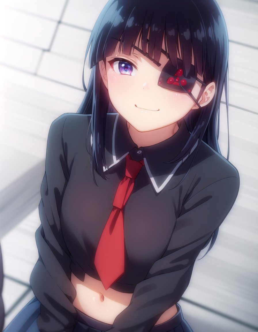 skmirai, <lora:sk mirai s1-lora-nochekaiser:1>,mirai, long hair, black hair, (red eyes:1.3), (eyepatch:1.5), bangs, blunt bangs,BREAK skirt, shirt, long sleeves, navel, school uniform, pantyhose, pleated skirt, necktie, serafuku, midriff, black skirt, sailor collar, black shirt, black sailor collar, (black serafuku:1.2),BREAK indoors, classroom,BREAK looking at viewer, (cowboy shot:1.5), smile,BREAK <lyco:GoodHands-beta2:1>, (masterpiece:1.2), best quality, high resolution, unity 8k wallpaper, (illustration:0.8), (beautiful detailed eyes:1.6), extremely detailed face, perfect lighting, extremely detailed CG, (perfect hands, perfect anatomy),