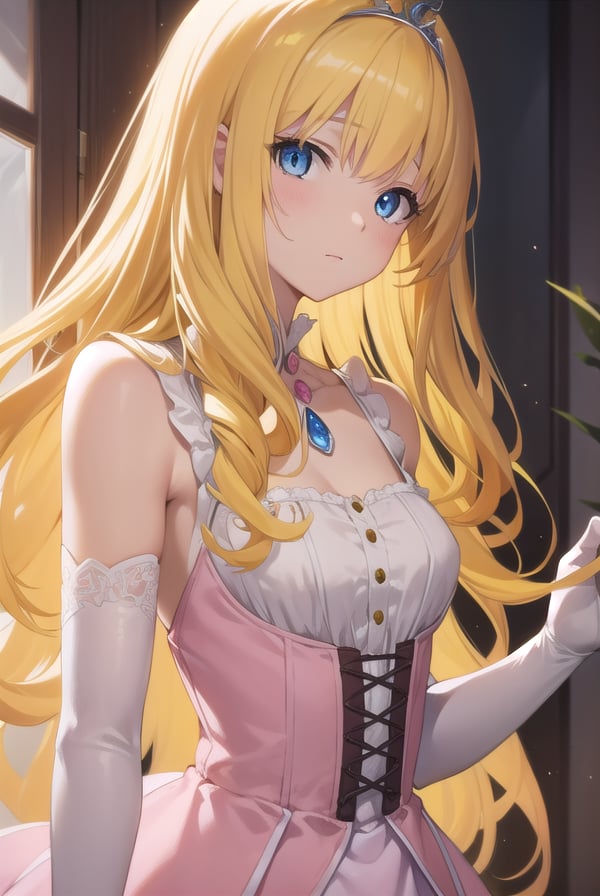 latifafleuranza, <lyco:latifafleuranza-lyco-nochekaiser:1>,latifa fleuranza, (yellow hair:1.5), blue eyes, long hair, (flat chest:1.2),BREAK diadem, tiara, elbow gloves, gloves, white gloves, dress, frilled dress, long skirt, frilled skirt, corset, (pink dress:1.5),BREAK looking at viewer, full body,BREAK indoors,BREAK <lyco:GoodHands-beta2:1>, (masterpiece:1.2), best quality, high resolution, unity 8k wallpaper, (illustration:0.8), (beautiful detailed eyes:1.6), extremely detailed face, perfect lighting, extremely detailed CG, (perfect hands, perfect anatomy),