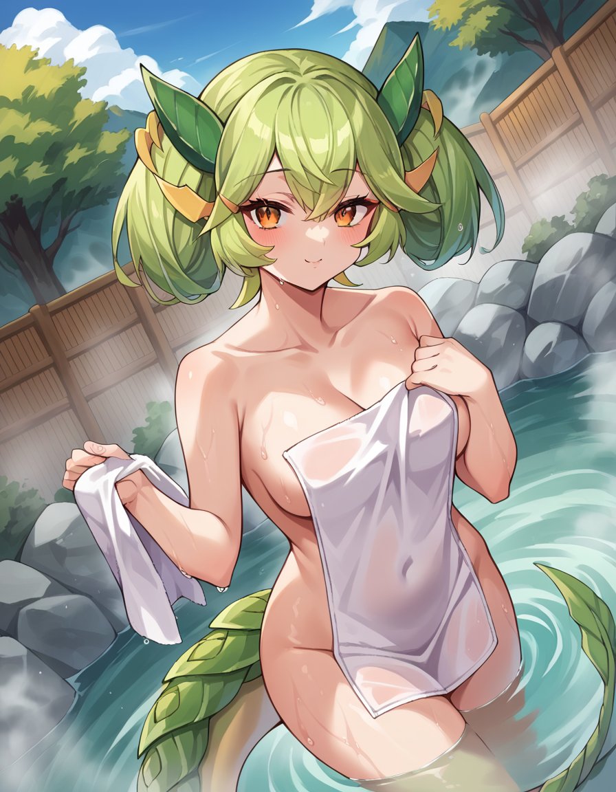 score_9, score_8_up, score_7_up, source_anime,parlordragonmaid, <lora:parlor-dragonmaid-ponyxl-lora-nochekaiser:1>,parlor dragonmaid, dragon girl, green hair, brown eyes, dragon tail,nude, naked, outdoors, onsen, towel, naked towel, steam, bathing, nude cover, partially submerged, water, bath, steam censor, wet towel,looking at viewer, cowboy shot, dutch angle,