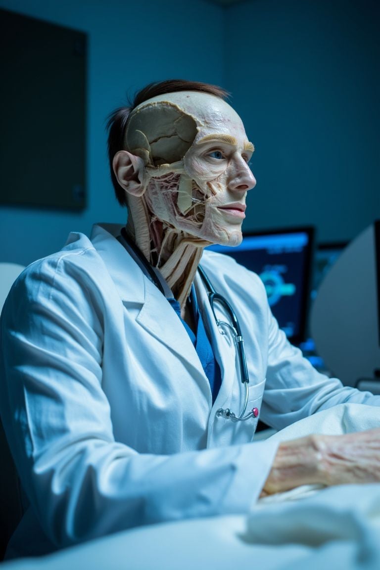 <lora:Plastinates:1>, photograph of a plastinate as a doctor enjoying his stay at the hospital. lighting is cool and diffuse.