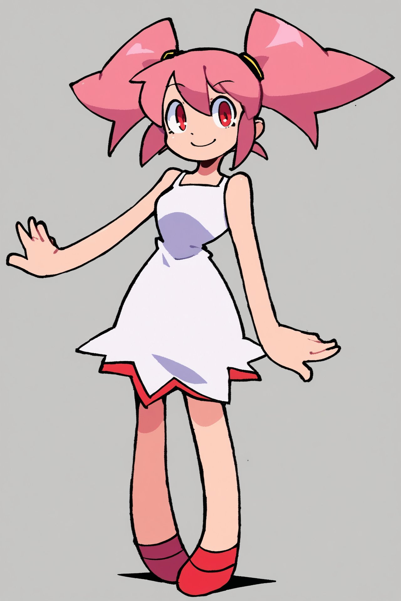 white background, standing, 1girl, twintails, pink hair, white dress, red eyes, smile, <lora:bacun_style:1>