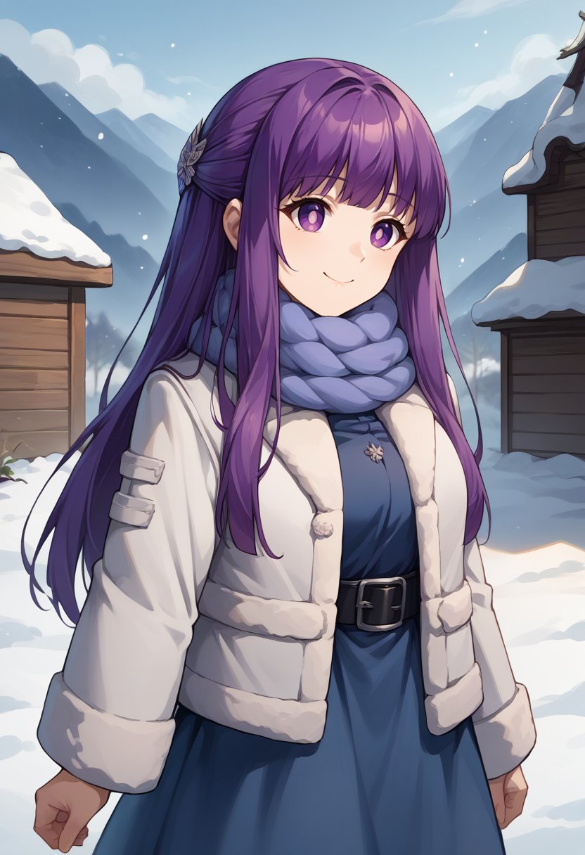 score_9, score_8_up, source_anime, 1girl, solo, FernWinter, purple eyes, purple hair, long hair, half updo, hair ornament, blue scarf, dark blue dress, white jacket, fur-trim, cropped jacket, black belt, outdoors, snow, smile, <lora:CHAR-FernPonyXL:1>