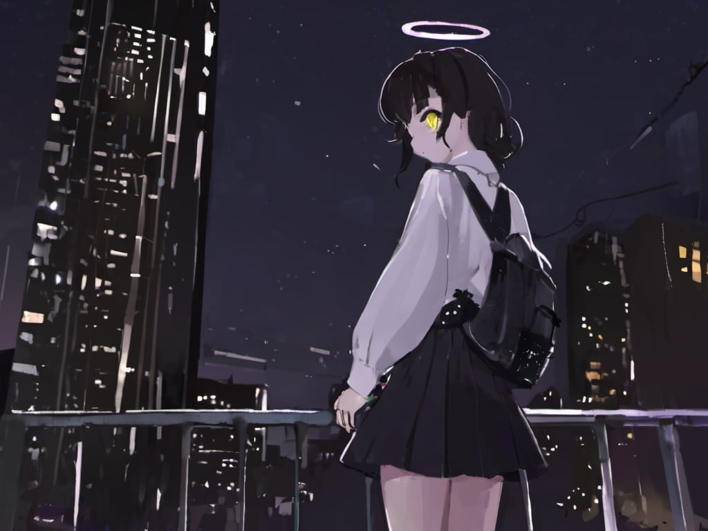 <lora:loneliness_xl_v2:0.8>,a girl standing in the middle of a city at night with a backpack on her shoulder and a city in the background,1girl,solo,skirt,shirt,black_hair,long_sleeves,ribbon,jewelry,yellow_eyes,white_shirt,earrings,outdoors,sky,black_skirt,night,halo,building,city,railing,cityscape,skyscraper,city_lights,