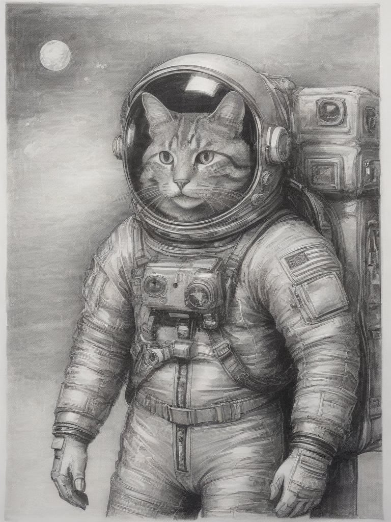 sketch, pencil art, a drawing of a cat as astronaut, <lora:pencil_art:0.85>