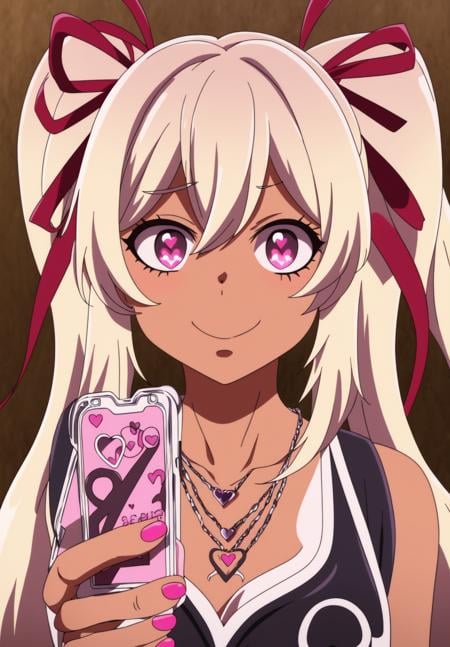 <lora:dakini:0.8>, dakini, 1girl, solo, long hair, looking at viewer, smile, bangs, blonde hair, ribbon, holding, jewelry, closed mouth, collarbone, hair ribbon, heart, dark skin, necklace, nail polish, red ribbon, dark-skinned female, :3, parody, phone, cellphone, tan, holding phone, symbol in eye, gyaru, heart necklace, heart in eye