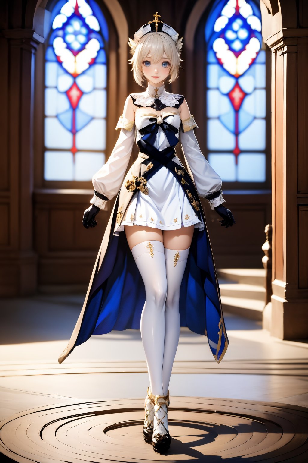 1girl, solo, thighhighs, stained glass, barbara \(genshin impact\), dress, white thighhighs, gloves, white dress, full body, looking at viewer, breasts, short hair, bare shoulders, blue eyes, detached sleeves, standing, book, zettai ryouiki, detached collar, blonde hair, church, smile, white gloves, strapless, white headwear, strapless dress, cleavage, indoors, alternate hair length, white hair, alternate hairstyle, open mouth, medium breasts, long sleeves, blurry, hat, blurry background, cross, hair ornament, thighs, window, shoes, black footwear, skindentation, white sleeves, nun, blush, high heels, latin cross