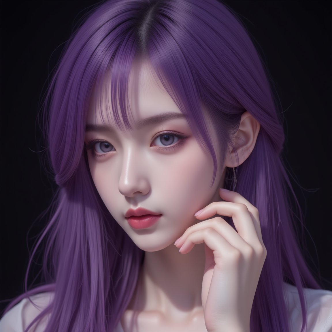 1girl, purple hair, 23 years old, beautiful, dappled sunlight, lipstick, dark background, portrait, <lora:天穹长老2.0:0.8>