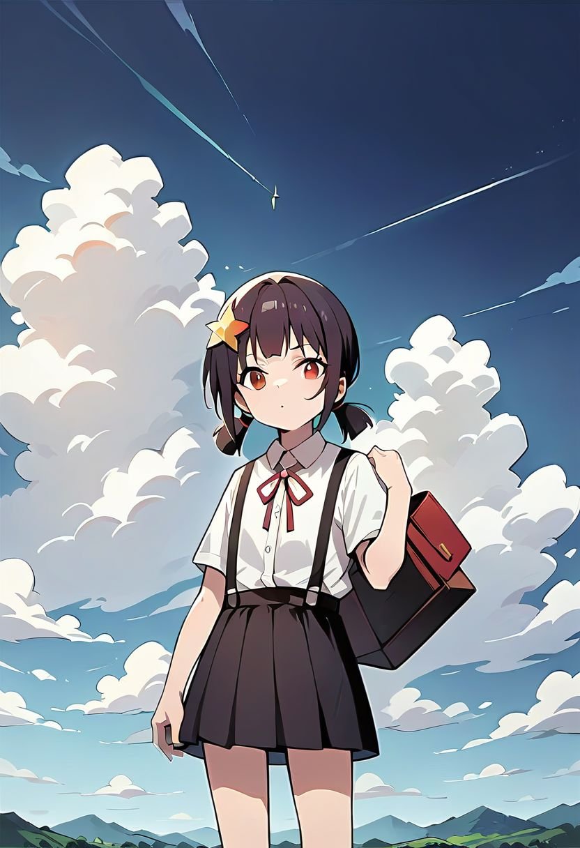 score_9, score_8_up, score_7_up, source_anime, rating_safe, masterpiece, 1girl, komekko, red eyes, petite, dress shirt, suspender skirt, red ribbon, facing looking at viewer, sky, cowboy shot, +_+, blue sky, clouds,