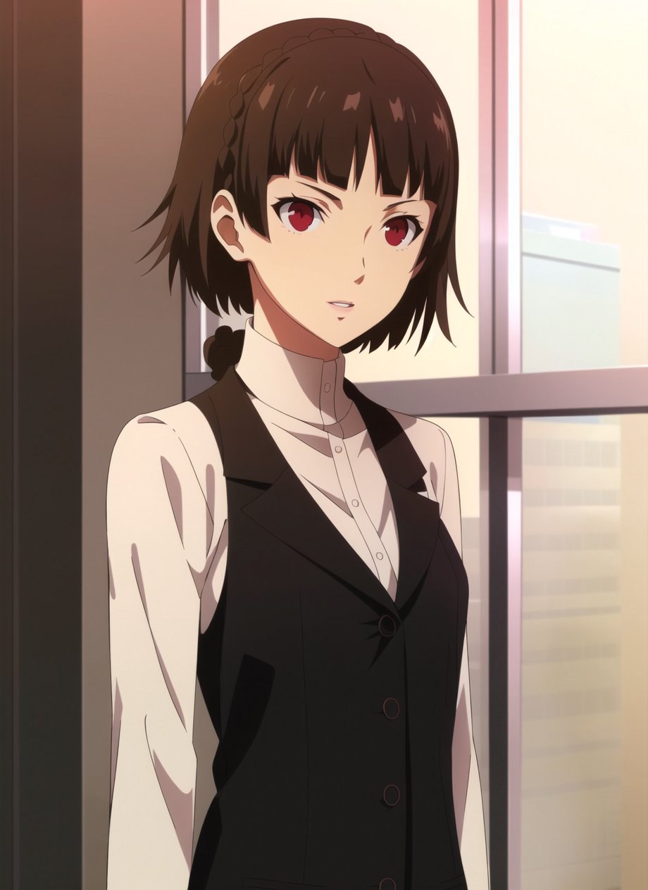 persona5 anime style, nijima makoto, 1girl, black vest, blunt bangs, blurry, blurry background, braid, breasts, brown hair, crown braid, halterneck, looking ahead, parted lips, red eyes, school uniform, shirt, short hair, shuujin academy school uniform, small breasts, solo, standing, turtleneck, upper body, vest, white shirt, ((masterpiece))  <lora:persona5_anime_style_offset:1>