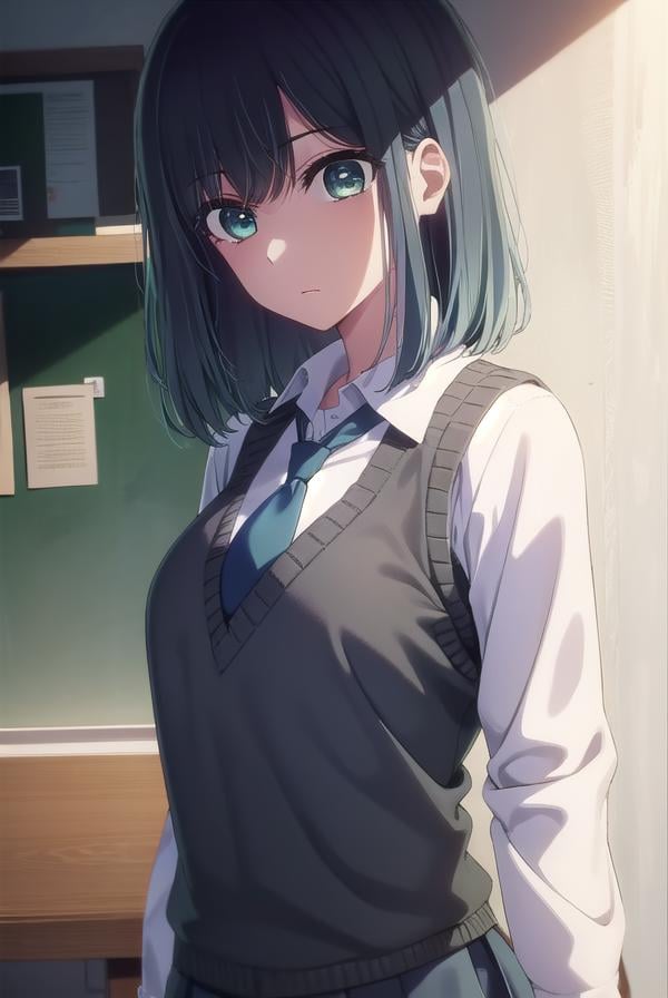 akanekurokawa, <lora:akane kurokawa s1-lora-nochekaiser:1>,akane kurokawa, bangs, (green eyes:1.3), blue hair, medium hair, dark blue hair,BREAK shirt, school uniform, white shirt, necktie, collared shirt, vest, blue necktie,BREAK indoors, classroom,BREAK looking at viewer, (cowboy shot:1.5),BREAK <lyco:GoodHands-beta2:1>, (masterpiece:1.2), best quality, high resolution, unity 8k wallpaper, (illustration:0.8), (beautiful detailed eyes:1.6), extremely detailed face, perfect lighting, extremely detailed CG, (perfect hands, perfect anatomy),