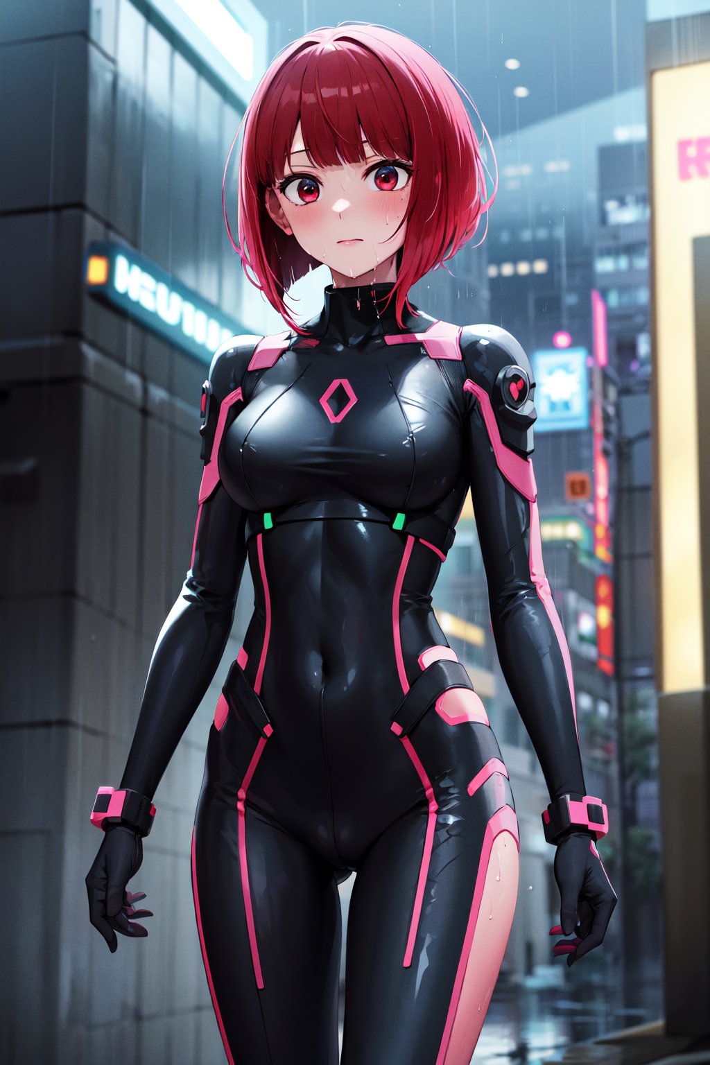 masterpiece, best quality, highres, aakana, short hair, red eyes, <lora:arima_kana_v1:0.7>, cyberpunk, standing, cowboy shot, bodysuit, wet, rain