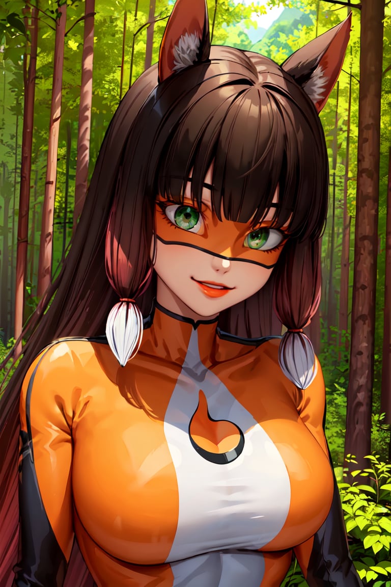 masterpiece, best quality, highres, realistic, solo, lilavolpina, (mask, domino mask), orange bodysuit, green eyes, animal ears, fringe, bangs, long hair, multicolored hair, <lora:Lila_Rosi:1>, looking at viewer, light smile, forest, thick foliage, tall trees, peaceful, sfw, <lora:add_detail:0.3>